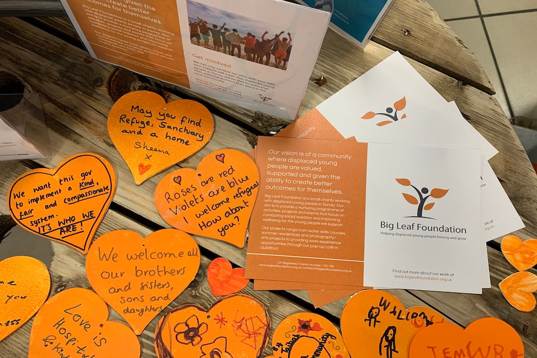 An image of orange hearts covered in messages of welcome